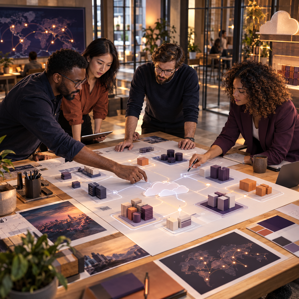 Enterprise architecture team collaborating on a cloud migration strategy